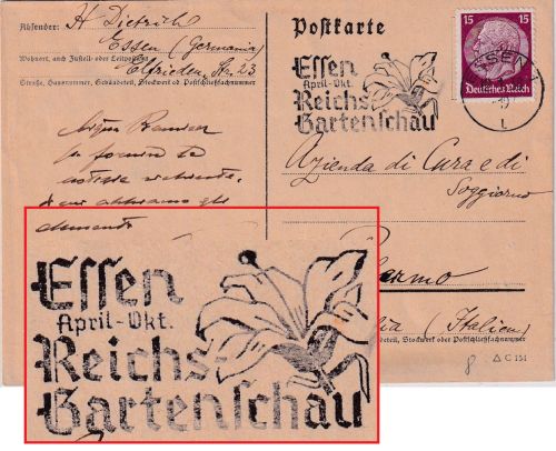 DR - Essen 1938 Reichsgartenschau Masch.werbestpl. Karte n. ITALIEN