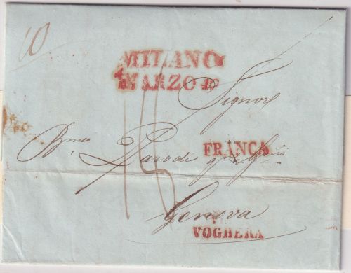 Österreich/Lombardei/Kgr. Sardinien - Milano roter L2 Grenzfrankobrief 1841