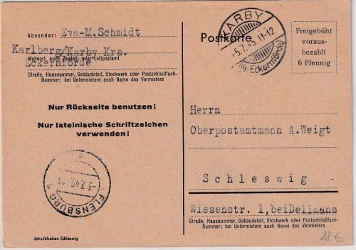 All.Bes./BZ - 6 Pfg. Ganzsache Behelfsausgabe Barby - Schleswig 5.7.45