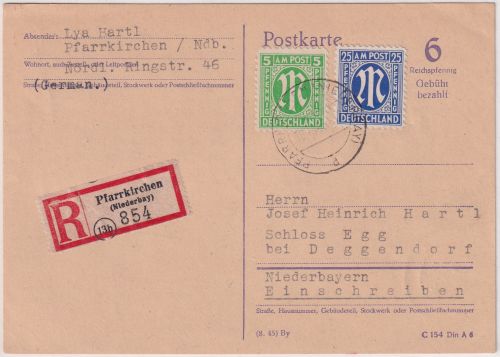 All.Bes./AZ - 6 Pfg. Ganzsache Behelfsausgabe Einschreibekarte Pfarrkirchen 1945
