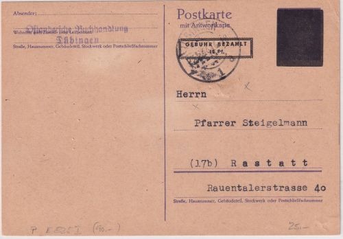 FZ/OPD Tübingen - 12 Pfg. Gebühr bezahlt/6 Pfg. AH Ganzsache Tübingen 1946