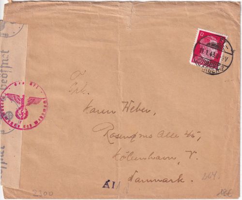 DR - 12 Pfg. AH Zensurbrief n. DÄMEMARK Kiel-Ellerbek 1943 dän. Zwangsarbeiter