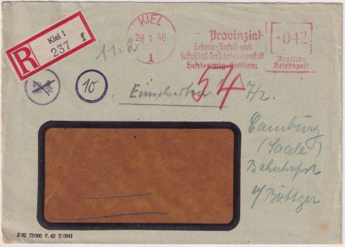 All.Bes. - Kiel 29.1.46 42 Pfg. AFS Provinzial Versicherung Einschreibebrief
