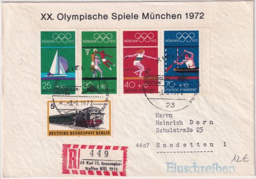 BRD - Kiel Großseglertreffen 1972 Sonder-R-Zettel Einschreibebrief Olmpia-Block