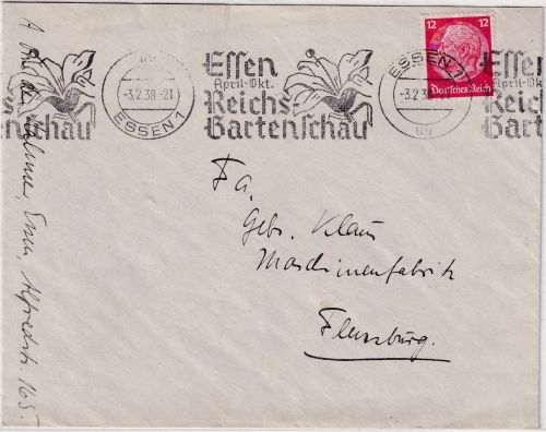 DR - Essen 1938 Reichs-Gartenschau Masch.werbestempel Brief n. Flensburg