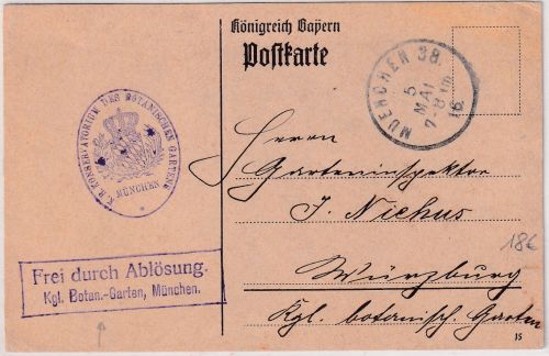 Bayern - München 38 1916 Frei d. Ablösung Kgl. Botanischer Garten Ra2 a. Karte