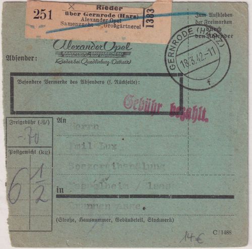 DR - Rieder ü. Gernrode Opel Gärtnerei Selbstbucher-Paketkarte 1942