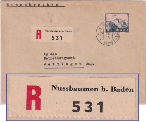 Schweiz - Nussbaumen b. Baden Einschreibebrief n. Wettingen 1950