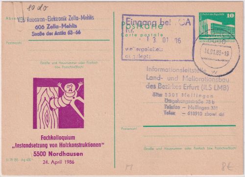 DDR - 10 Pfg. Ganzsache priv. Zudruck Holzwurm Suhl - Mellingen 1986