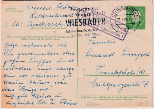 BRD - (16) Wildsachsen ü. Wiesbaden Landpost-Ra2 ganzsache n. Frankfurt a/M 1960