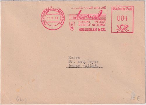 Bizone - Wiesbachden-Biebrich 1949 4 Pfg. AFS Derval Hautwäsche Drucksache