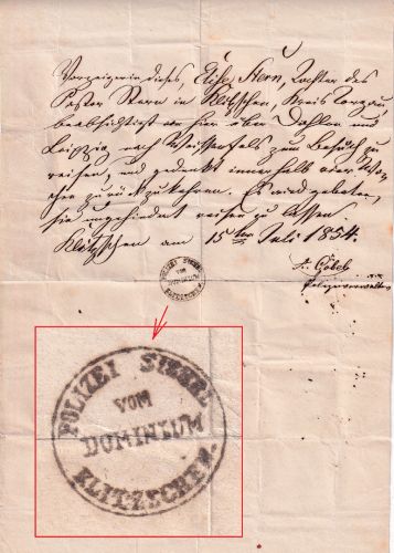 Preussen - Klitzschen Kr. Torgau 1854 polizeil. Reiseschein f. Pastorentochter