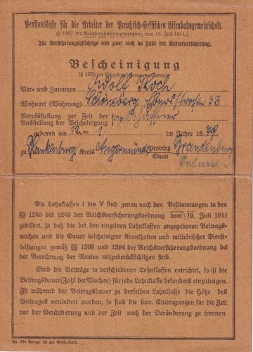 DR - Blankenburg 1922 Bescheinigung Pensionskasse Pr.-Hessische Eisenbahngem.