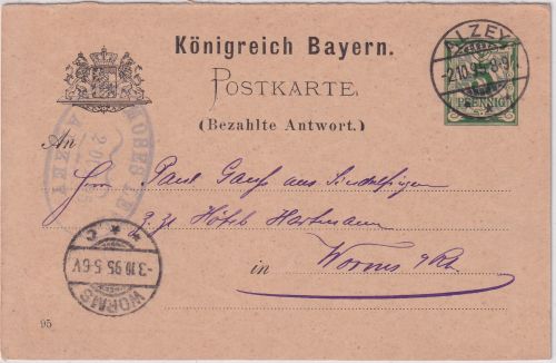 Bayern - 5 Pfg. Rauten Ganzsache/A-Teil Alzey - Worms 1895