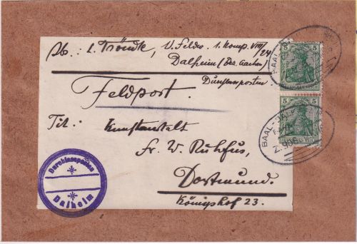 DR - 2x5 Pfg. Germania Feldpostpäckchen-Vds. Dalheim - Dortmund 1916