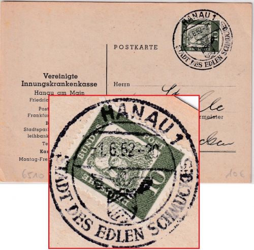 BRD - Hanau Stadt des edlen Schmuckes apt. Handwerbestempel Karte 1962