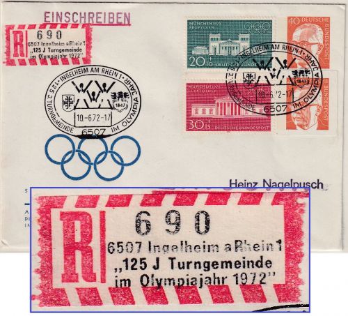 BRD - Ingelheim 125 J. Turngemeinde Sonder-R-Zettel Einschreibebrief 1972