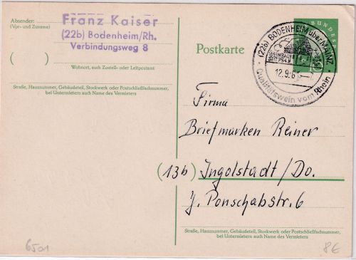 BRD - (22b) Bodenheim ü. Mainz Poststelle I Handwerbestempel Ganzsache 1961