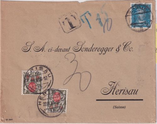 DR - 25 Pfg. Goethe Brief i.d. SCHWEIZ Worms - Herisau 1926 Nachporto