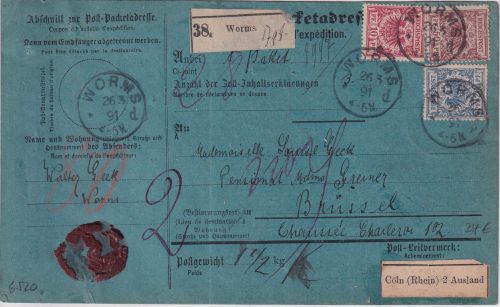 DR - 50+20+10 Pfg. K/A Paketkarte n. BELGIEN Worms - Brüssel 1891