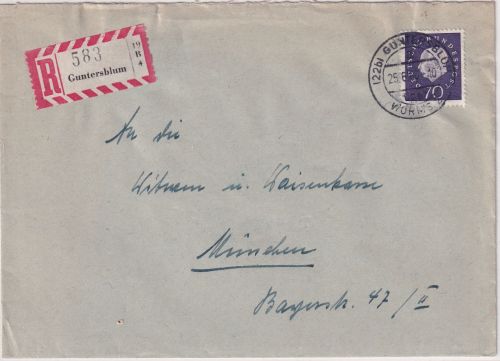 BRD - (22b) Guntersblum ü. Worms Poststelle I Einschreibebrief n. München 1960