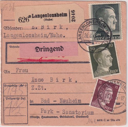 DR - 1 RM AH u.a. Dringend-Paketkarte Langenlonsheim - Bad Nauheim 1943