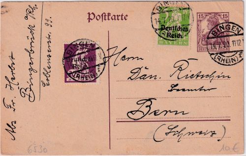 DR - 15 Pfg. Germania Ganzsache+Zusatz i.d. SCHWEIZ Bingen - Bern 1920