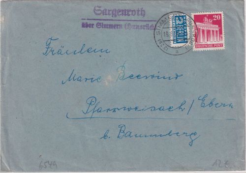 Bizone - Sargenroth ü. Simmern (Hunsrück) Landpost-L2 Brief n. Pfarrweisach 1950