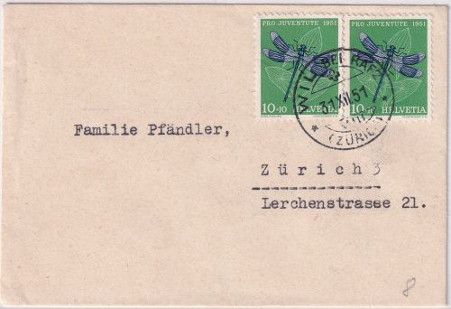 Schweiz - 2x10 Rp. Juventute/Wasserjungfer Brief Wil bei Rafz - Zürich 1951
