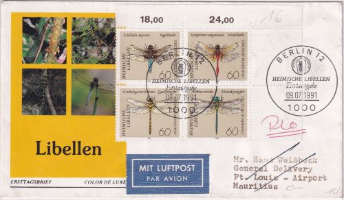 BRD - 4x60 Pfg. Libellen Bogenecke Schmuck-FDC Luftpostbrief n. MAURITIUS 1991
