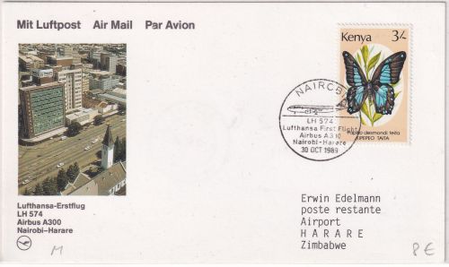 Kenya - 3 Sh. Schmetterling Lufthansa Erstflug Nairobi - Harare 1989