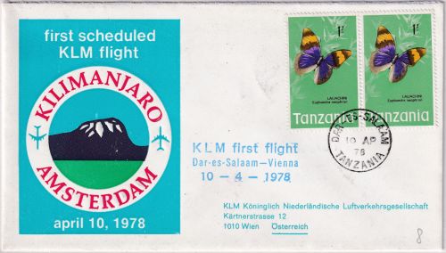Tanzania - 2x1 Sh. Schmetterling KLM-Erstflug Dar-es-Salam - Wien 1978