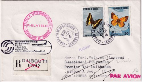 Djibouti - 20+5 Fr. Schmetterling Zuleitung/Einschreiben LH-Erstflug 1978