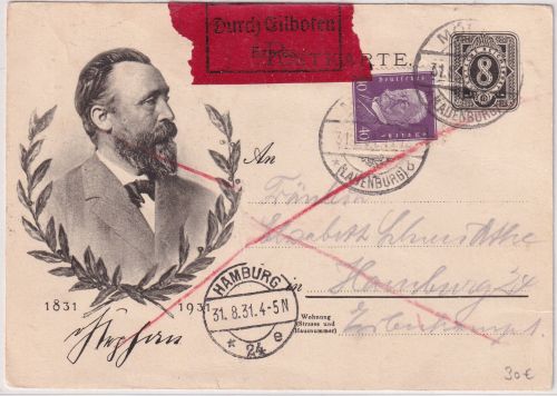 DR - 8 Pfg. Stephan Ganzsache+Zusatz Eilkarte Mölln - Hamburg 1931