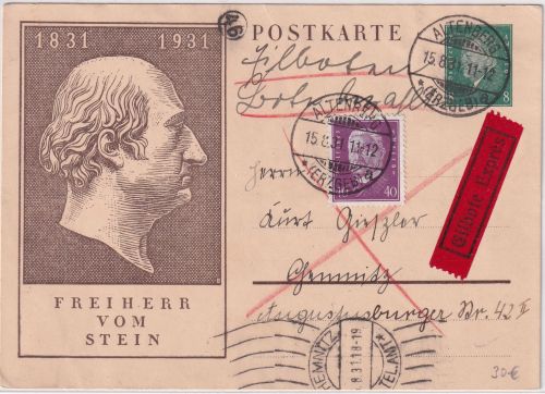 DR - 8 Pfg. vom Stein Ganzsache+Zusatz Eilkarte Altenberg - Chemnitz 1931