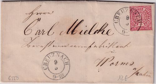 NDP - 1 Gr. dst. Brief K2 Creuznach - Worms 1868 - mit Inhalt