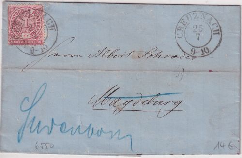 NDP - 1 Gr. dst. Brief K2 Creuznach - Magdeburg 1869 Weiterleitung Sudenburg