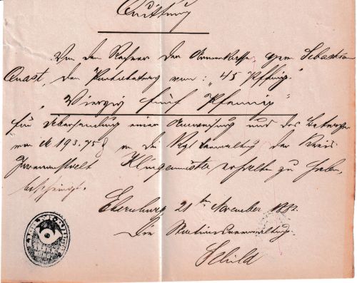 Bayern - K.Bayer.Postexpedition Ebernburg Dienstsiegel Auszahlungsquittung 1887