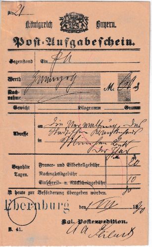 Bayern - Ebernburg blauer L1 Post-Aufgabeschein f. Postanweisung n. München 1880