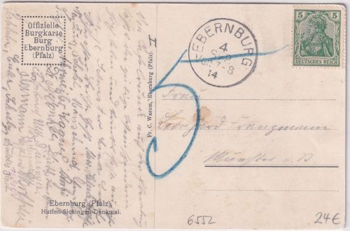 Bayern - Ebernburg 1914 K1 Karte 5 Pfg. Germania Nachporto n. Münster