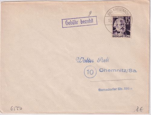 FZ/Rheinl.-Pfalz - 15 Pfg. Marx/Gebühr bezahlt Ra1 Brief Bad Kreuznach 1948