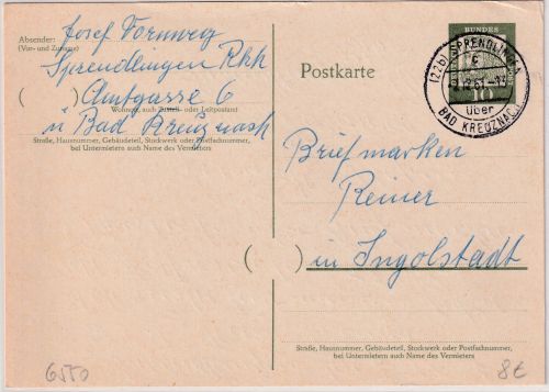 BRD - (22b) Sprendlingen ü. Bad Kreuznach Poststelle I Ganzsache n. Ingolstadt