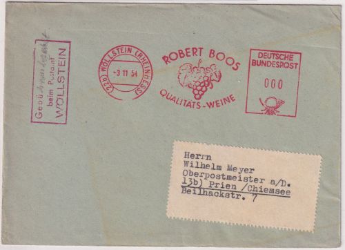 BRD - (22b) Wöllstein 1954 0 Pfg. AFS Boos Weine + Gebühr bezahlt Ra3 Drucksache