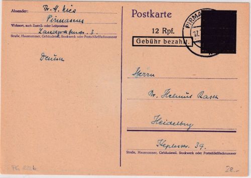 FZ/OPD Neustadt - 12/6 Pfg. Ganzsache Behelfsausgabe Pirmasens - Heidelberg 1946