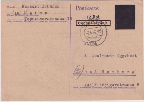 FZ/OPD Neustadt - 12/6 Pfg. Ganzsache Behelfsausgabe Mainz - Bad Homburg 1946