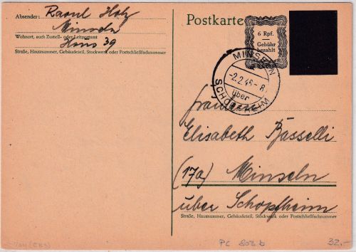FZ/OPD Freiburg - 6/5 Pfg. Ganzsache Behelfsausgabe Minseln ü. Schopfheim 1946