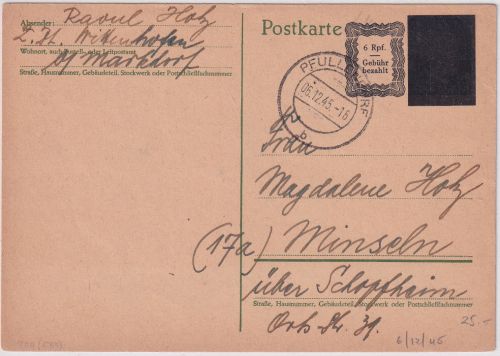 FZ/OPD Freiburg - 6/5 Pfg. Ganzsache Behelfsausgabe Pfullendorf - Minseln 1945