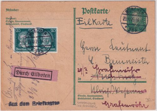 DR - 8 Pfg. Ebert Ganzsache+ Zusatz Eilkarte München - Augsburg 1929