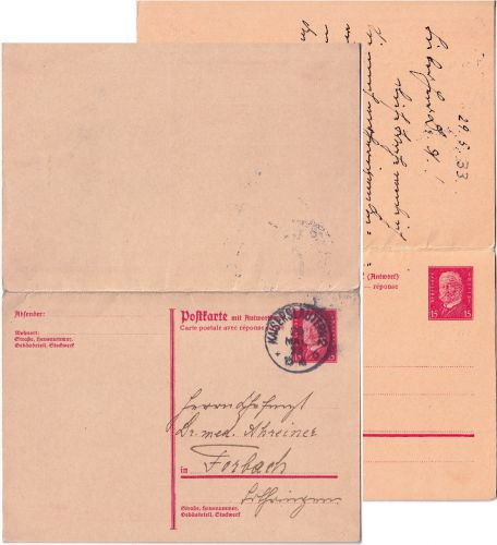 DR - 15/15 Pfg. Hindenburg Ganzsache n. FRANKREICH Kaiserslautern - Forbach 1933