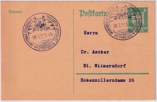 DR - 5 Pfg. Adler Ganzsache oben/unten gezähnt Ottobeuren - Berlin 1924